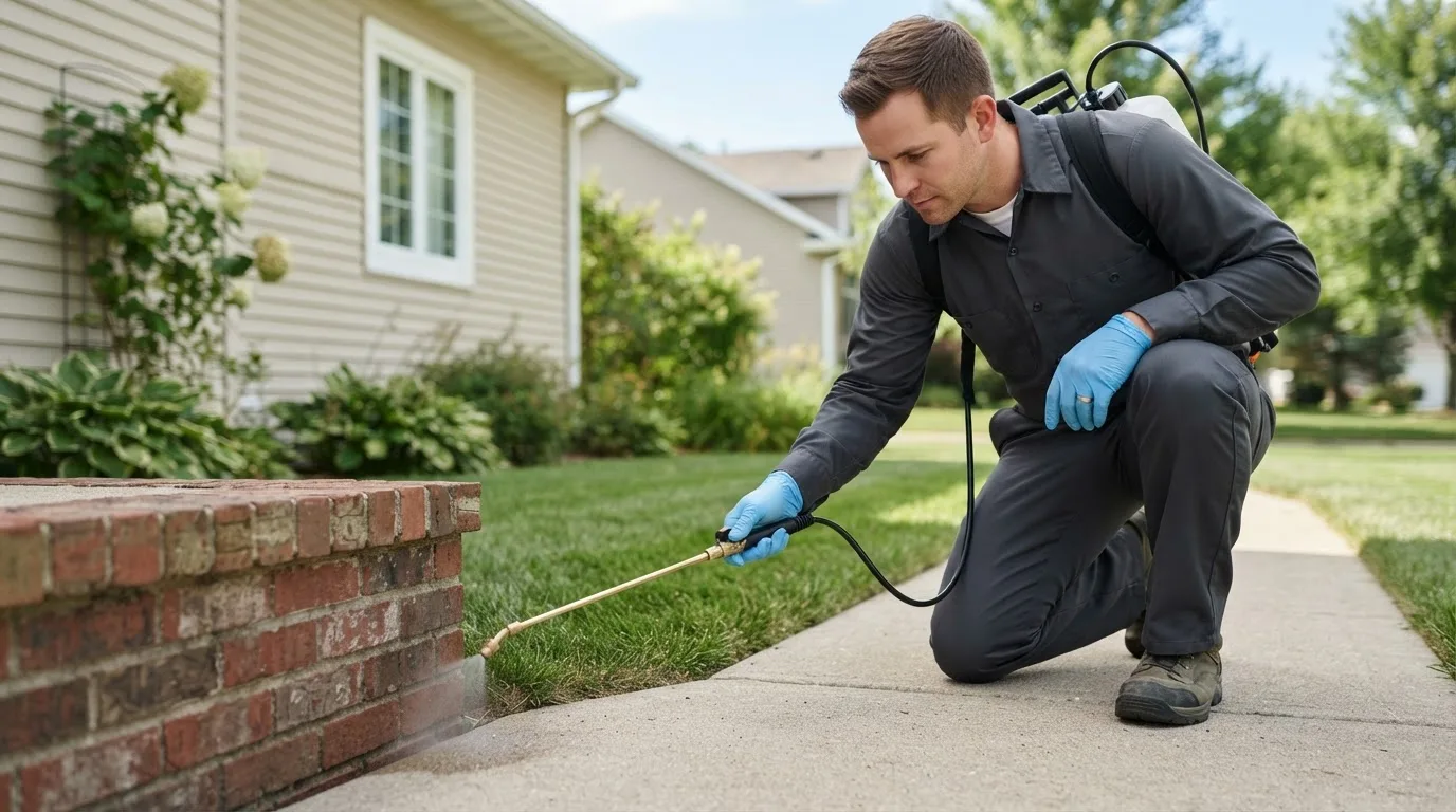 Pest control technician treating a home near Tipp City, OH