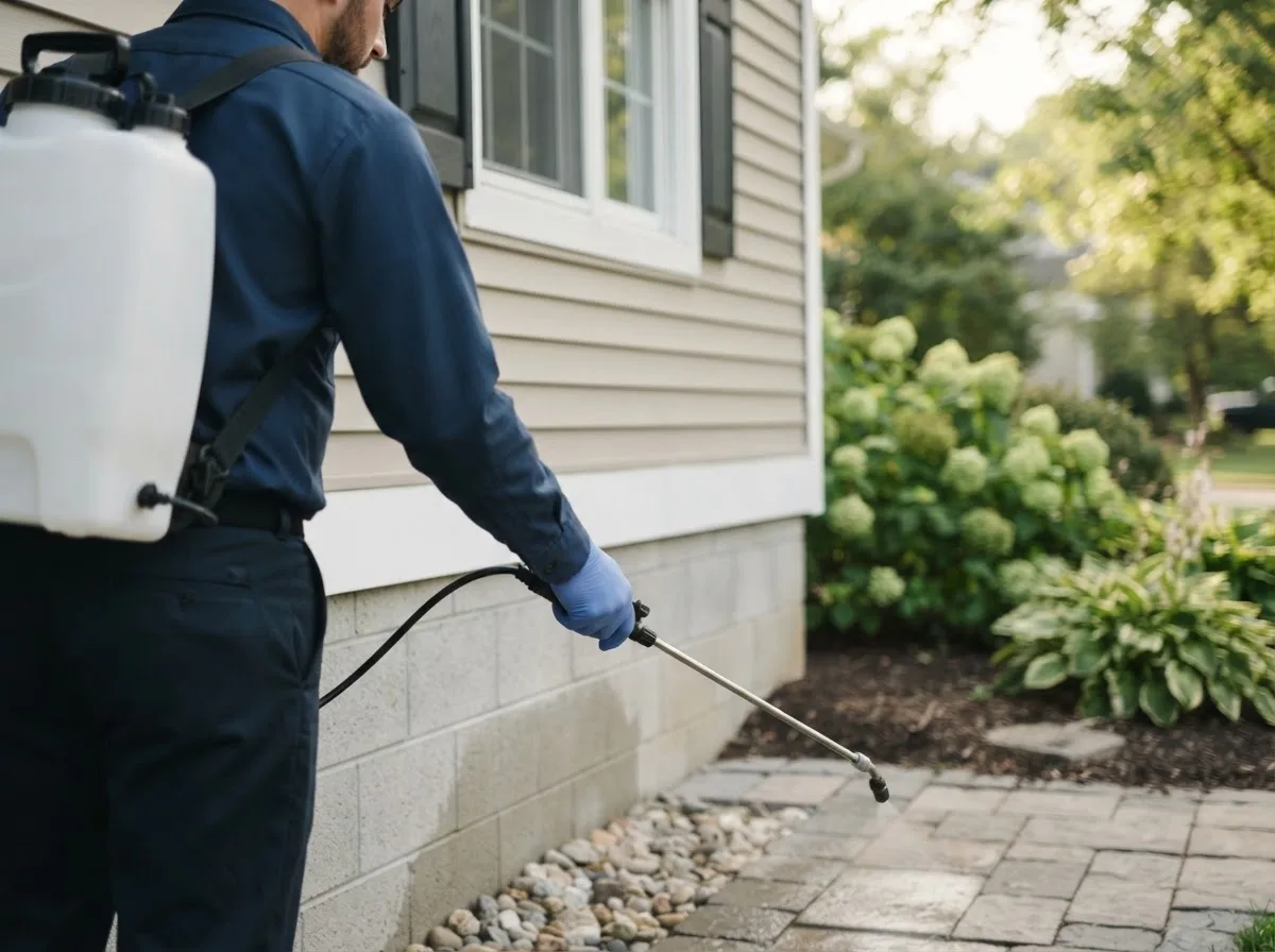 Pest control technician inspecting a home in Tipp City, OH